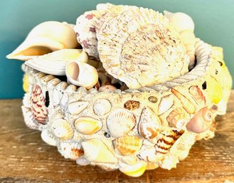 Vintage Plaster/cement Sea Shell Bowl Filled With Sea Shells