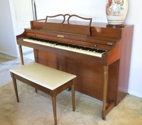 Mid Century Walnut Body Baldwin Acrosonic 3 Pedal Piano With Matching Bench