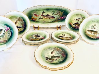 Gorgeous Set 12 Antique Hand Painted Limoges Fish Plates & Serving Dish