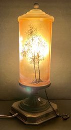 Antique Art Nouveau Cylinder Mantle Lamp - Silhouette Tree Glass Shade - Single- Boudoir - 10.5 Inch H