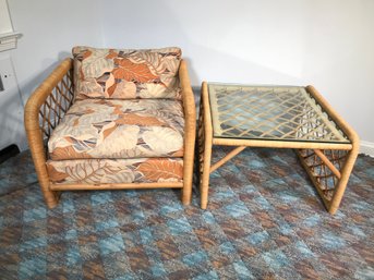 Fantastic 1970s Retro / Modern Style Wicker / Rattan Chair With Cushions And Glass Top Table - Very Cool !