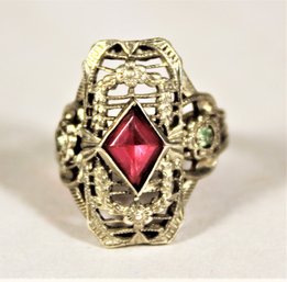 Antique Filigree Sterling Silver Ring Having Red Stone Size 4