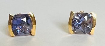 STUNNING 14K GOLD CUSION CUT TANZANITE EARRINGS NICE GOLD MOUNT