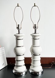 Pair Of Vintage 1970's Mid Century Modern White & Silver Table Lamps