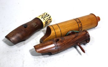 Three Turned Wood Flutes Whistles