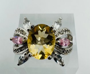 STUNNING STERLING SILVER YELLOW PINK AND WHITE GEMSTONE RING