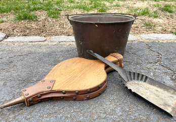 A Vintage Copper Bucket, Bellows And More Fire Accessories