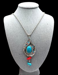 Vintage Southwest Boho Turquoise And Coral Color Pendant Necklace