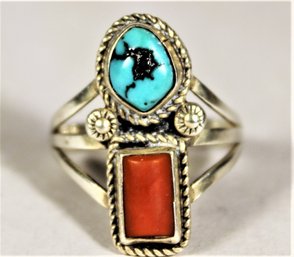 Vintage Native American Southwestern Turquoise And Coral Ring Size 7.5