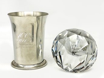 Vintage New York Times Memorabilia From Tiffany & Co - Vrystal Paperweight And Pewter Cup