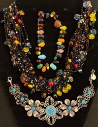 Vintage Jewelry Lot 5 - Choker Necklace Black Bright Colors - Glass Beads Bracelet - Floral Silver Tone