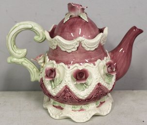 Beautiful Antique Magolica Teapot Pink Victorian 3 D Roses