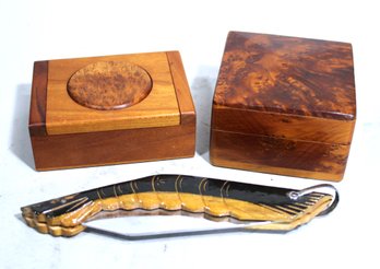 Lot Of Two Burl Wood Table Boxes And Carved 'shrimp/prawn' Knife