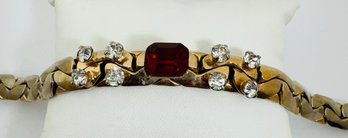 VINTAGE GOLD TONE RED & WHITE RHINESTONE HEAVY BRACELET