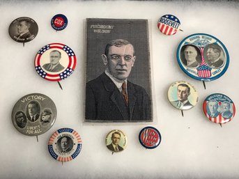 Great Lot Of 11 Vintage / Antique Pins - WILSON / ROOSEVELT 1912 - Woodrow Wilson Silk Ribbon - Cox  Curley