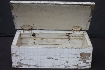 VINTAGE ANTIQUE WOODEN TOOLBOX WITH SLANTING LID