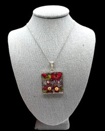 Beautiful Vintage Sterling Silver Flowers In Resin Pendant On Italian Chain Necklace