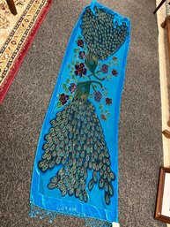 Blue Velvet Scarf With Beaded Peacock And Trim