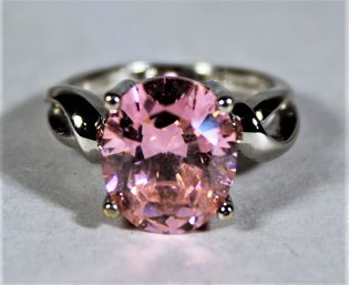 Fine Sterling Silver Ring Having Large Pink Stone Size 6