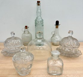 8 Vintage Crystal Cut Glass Cruets, Covered Bowls, Cake Dome & More