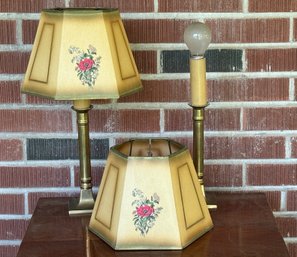 Pair Of Vintage Boudoir Brass Lamps  With Original Tombs Studios Paper Shades
