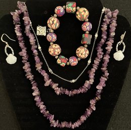 Vintage Jewelry Lot 6 - Amethyst Stone Long Necklace - Alexas Angels Floral Bracelet - Shell Earring - Silver