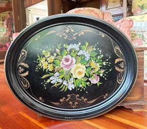 Beautiful Antique Black Tole Tray Large Painted Roses Violets.