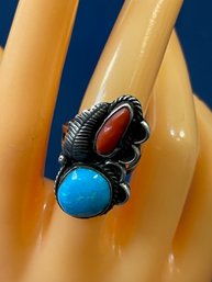 Vintage Silver, Turquoise And Coral  Ring