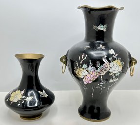 2 Vintage Korean Black Lacquer Over Brass Vases With Mother Of Pearl Inlay