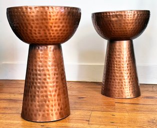 A Pair Of Modern Indian Hammered Copper Side Tables, Possibly CB2