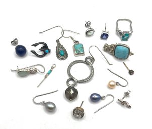 17 Piece Lot Of Single Sterling Silver Earrings And A Misshapen Ring