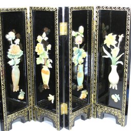 Chinese Lacquer Carved Jade Floral Decorated Table Screen