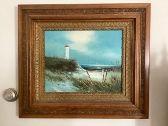 Signed Oil On Canvas White Lighthouse By The Water