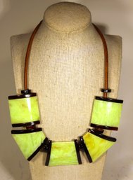 Modern Bocar Leather And Large Plastic Beaded Necklace 23' Long