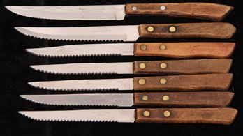 SET OF 7 WOOD HANDLED VINTAGE STEAK KNIVES INCLUDING REFENT SHERWOOD, CAPCO