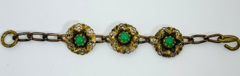 VINTAGE GOLD TONE GREEN STONE FLORAL LINK BRACELET