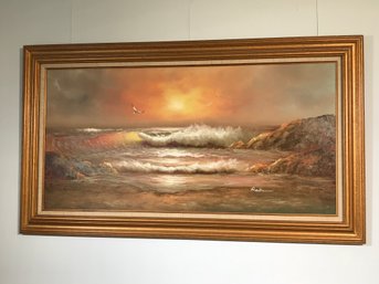 Lovely Large Oil On Canvas Of Seascape Painting In Original Frame - Signed Robertson - Very Nice Painting