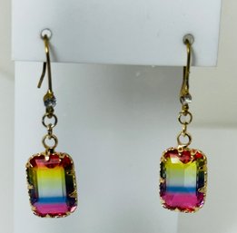 PRETTY GOLD TONE MULTI COLOR GLASS DANGLE EARRINGS