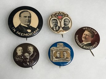 Lot Of 5 Beautiful / Rare - ROOSEVELT / Mc KINLEY  VAN SANT - Early Political Pins Including In Memoriam