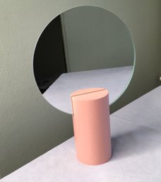 (2 OF 2) MINIMALIST SCANDINAVIAN STYLE MODERN VERSATILE ROUND MIRROR, PINK WOODEN BASE