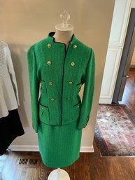 Stunning Adolfo New York 2 Piece Wool Suit Green With Gold Tone Buttons