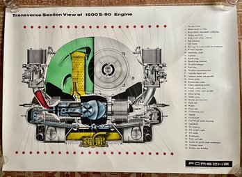 Original Very Large 1960 PORSCHE Factory Poster 'transverse Section View Of 1600 S-90 Engine'