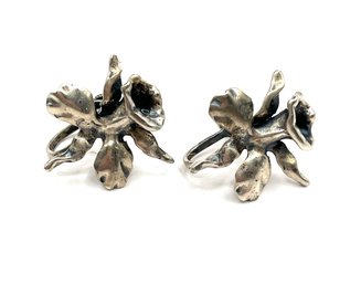 Vintage Sterling Silver Hand Finished Flowers Screw On Earrings
