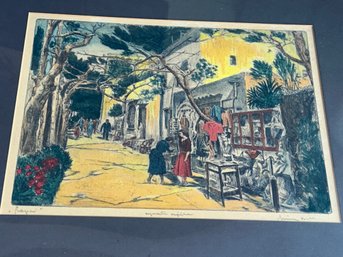 Vintage 1930s BELA SZIKLAY Hand Colored Etching Of Bustling Italian Street With Vendors- NO SHIPPING