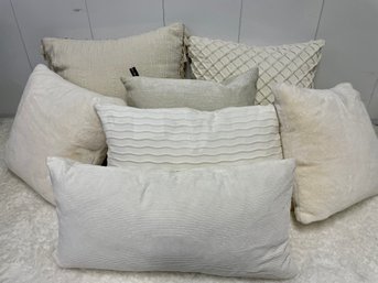 Seven Snowy White & Egg Shell Throw Pillows Including Calvin Klein