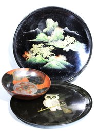Lot Two Pieces Asian Lacquer Round Tray And Small Bowl Plastic Tray W Owl