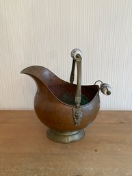 Antique Large Copper Coal Scuttle Bucket W/Delft Porcelain Handle And Lion On Sides