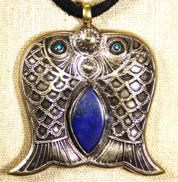 Fantastic Silver Lapis And Turquoise Double Fish Pendant Large