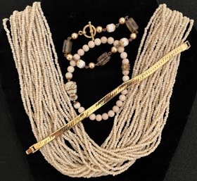 Vintage Jewelry Lot 3 - Natural Neutral Beige Multi Strand Beaded Necklace - Bracelets - Gold Tone - Beaded