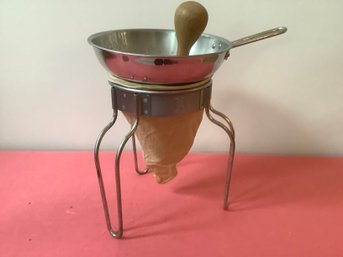 Vintage Kitchen Strainer Sieve Masher With Stand, Wear-Ever Aluminum, Original Sieve Bag, Wooden Pestle